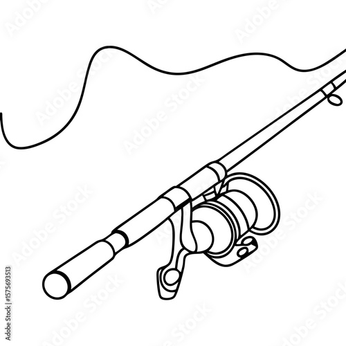 Depiction of a fishing-rod, simple outline drawing of a fishing-rod with reel and line. Detailed components of sport fishing-rod includes handle, reel, and fishing line on transparent background.