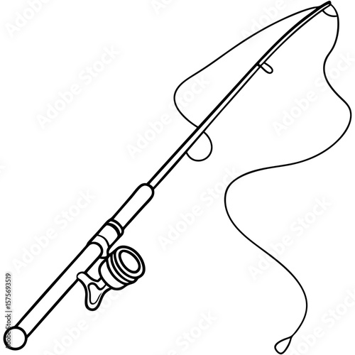 Fishing rod illustrated with its fishing line on white backdrop ready for angling. Fishing rod outline, simplistic, clear, and ideal for coloring books or instructional manuals on how to use it.