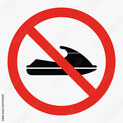 No jet ski sign displayed on plain background for awareness. Jet ski is not allowed, illustrated by watercraft symbol within red prohibition circle.