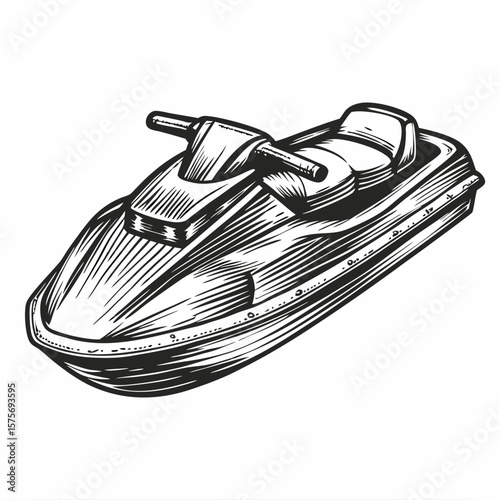 Jet ski illustration in vintage monochrome style, perfect for watersport enthusiasts. Detailed jet ski graphic with engraved lines offers a classic look for summer adventures.