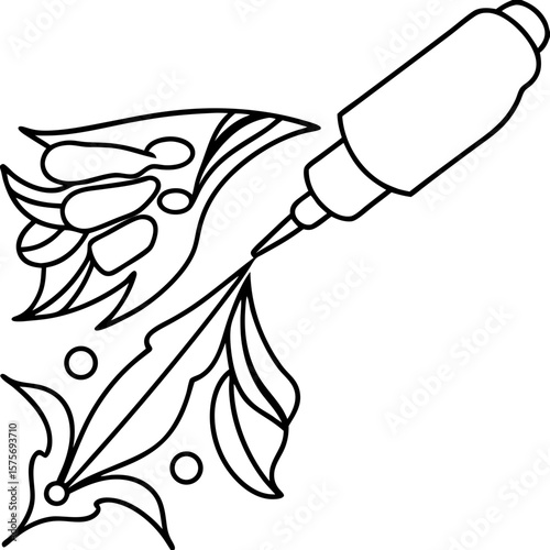 Tattoo design outline showcases laser tool pointed at detailed floral arrangement. Elaborate tattoo design includes decorative elements with the laser tool giving a clean, professional look.