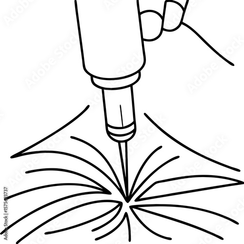 Laser tool pointed at tattoo for removal, close-up on skin. Aesthetic clinic procedure involves use of laser tool pointed at tattoo pigment, disrupting and fading the ink.