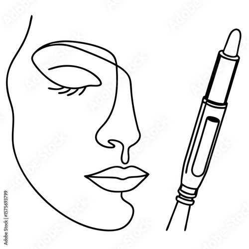 Microneedling pen device next to woman’s cheek, a cosmetic procedure to enhance beauty. Microneedling pen device application on cheek promotes collagen stimulation and improved skin texture.