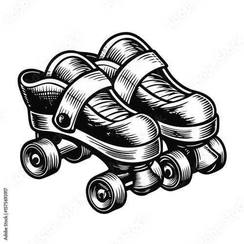 Vintage roller-shoes with straps and wheels for an active lifestyle. These roller-shoes, rendered in a retro style, showcase footwear equipment for sports activity and roller skating.