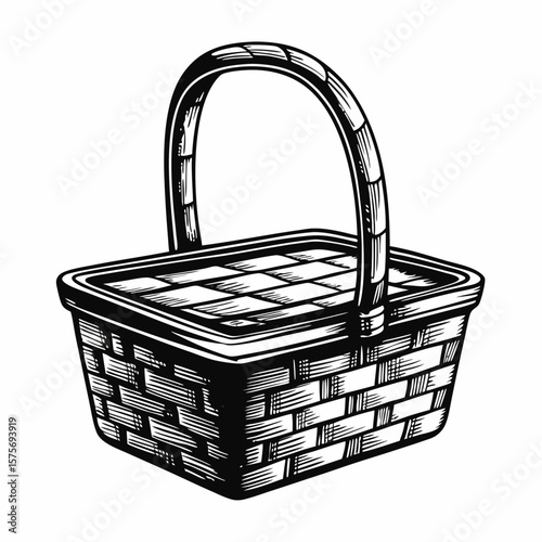 Hand drawn picnic basket made of woven material, perfect for outdoor dining. Summer picnic is an invitation to enjoy nature's beauty.