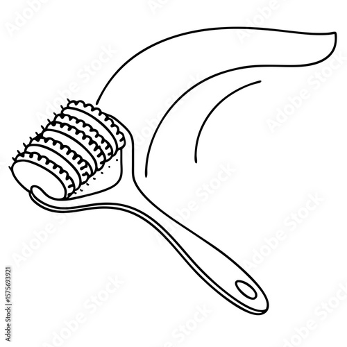 Needle roller for skin with handle and curve line shown. This needle roller for skin provides a minimalist line art style graphic for medical or cosmetic purposes.