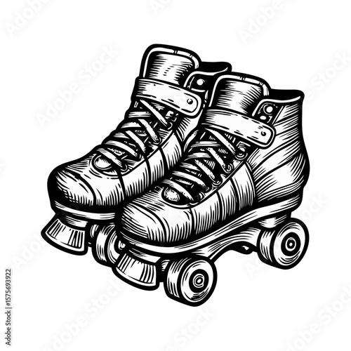 Retro roller skates in vintage engraving style, showcasing classic roller skates with sturdy construction and secure straps. Depicts roller skates for active recreation and roller-skating sports.