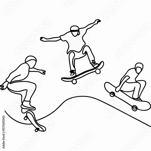 Skateboard tricks with skaters captured in single line drawing, showcasing their athletic ability. Skateboard tricks are presented in clean, minimalistic style, creating dynamic composition.