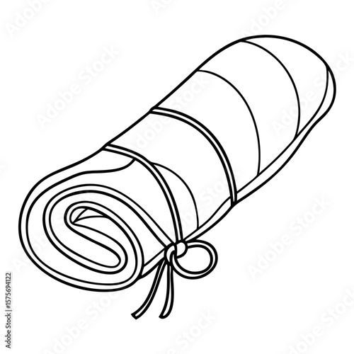 Sleeping bag illustration rolled up and tied with string, ready for camping and outdoor adventures. Detailed sleeping bag sketch shows form and style; design can be used for hiking or a travel blog.