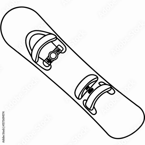 Outlined snowboard with bindings for winter sport activity. This snowboard illustration is a graphic representation of equipment used on snowy mountains, featuring clearly defined contours.