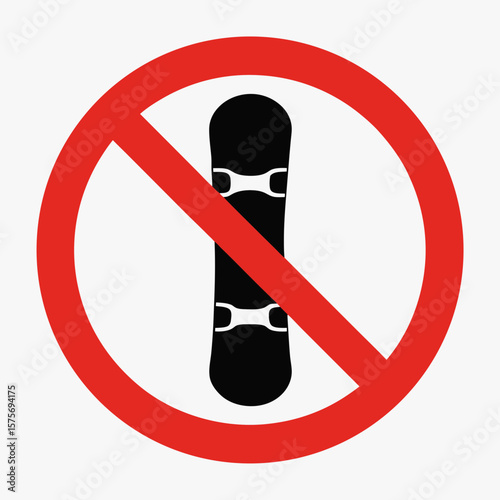 No snowboard sign with crossed out snowboard against a white backdrop. No snowboarding permitted with snowboarding restrictions on slopes and paths. Prohibition of snowboard use for safety measures.