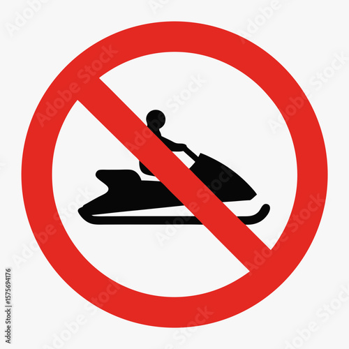 Snowmobile ban shown with red prohibition sign on white, indicating restriction of snowmobile use. Restriction of snowmobile in certain areas can help preserve nature and ensure public safety,