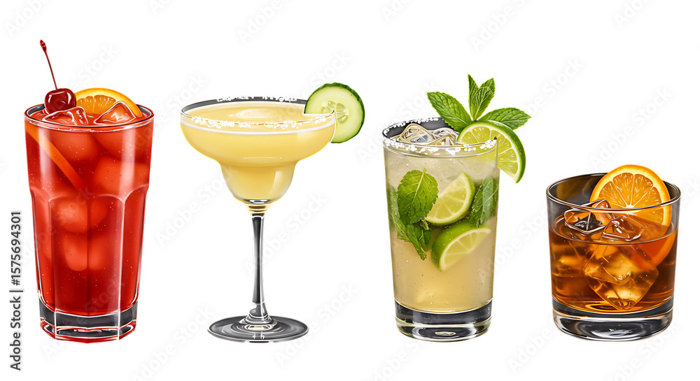 Fototapeta premium Four refreshing cocktails including a red drink with cherry and orange a yellow margarita with cucumber a mojito with mint and lime and an old fashioned with orange slice isolated on white background