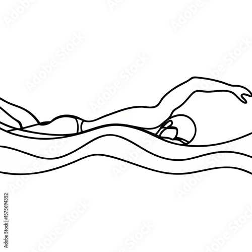 Person swimming freestyle in water, clean outline. Swimming in a minimalistic style creates a sense of movement, showing a person enjoying swimming for fitness or recreation.
