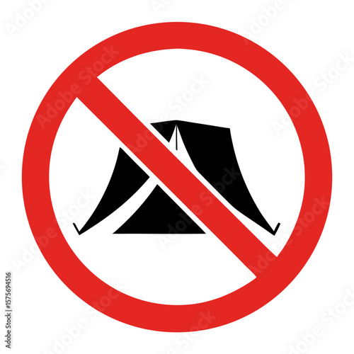 No tent symbol displayed in forbidden sign. No tent sign showcases prohibition against camping in restricted areas. Symbol reminds of the rules about camping and outdoor activities.