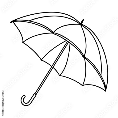 Simple drawing of an umbrella for design, illustrating an open umbrella with curved handle. Depicting an umbrella, an icon of protection, this line art shows simple elegance.