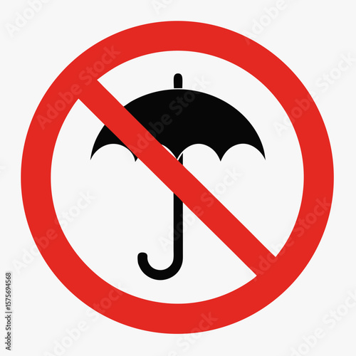 Prohibited umbrella emblem with red circle and crossed line shows no umbrella allowed. Umbrella prohibition is displayed through symbolic picture, indicating restrictions for safety or regulation.