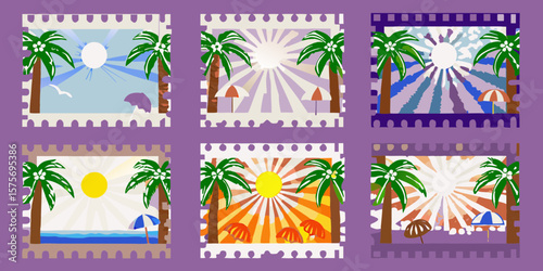 Six postage stamps capture the essence of tropical beach holidays