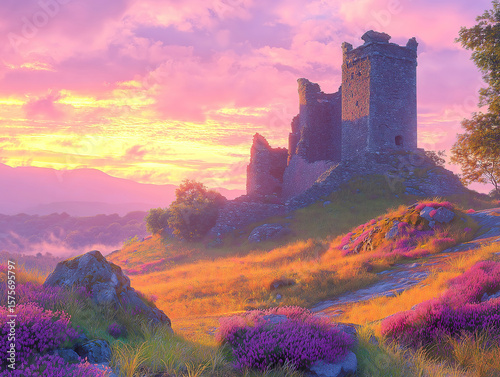 First Light of Dawn Illuminating Welsh Castle Ruins