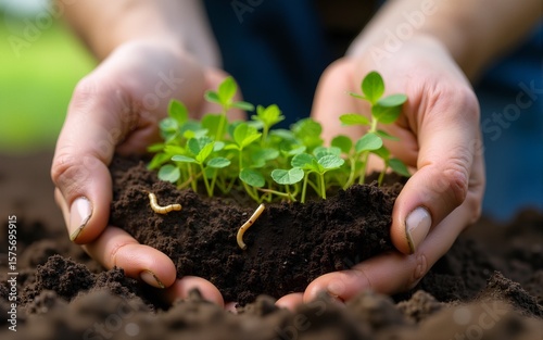 Nutrient-Rich No-Till Soil Farming: Farmer Examining Lush Organic Layers with Earthworms and Microorganisms. High quality
