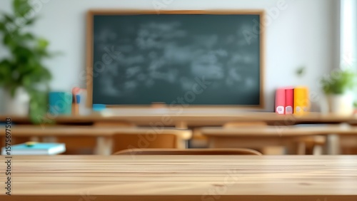 Empty classroom with wooden desk in foreground and blurred blackboard background