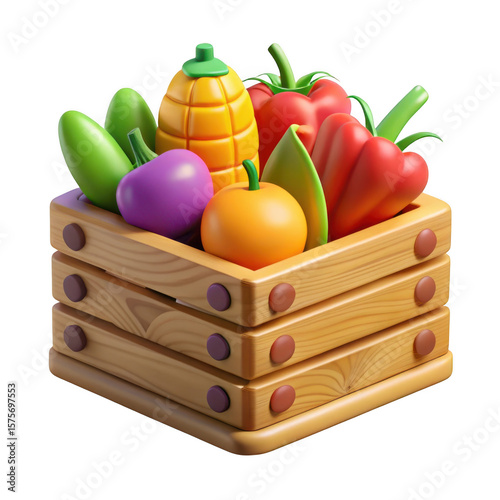 Wooden crate filled with assorted colorful vegetables and fruits isolated on transparent background