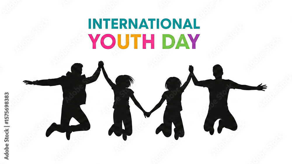 Obraz premium Joyful Youth Silhouette: International Youth Day Celebration, Four Friends Jumping, Holding Hands, Happy, Energetic, Upbeat