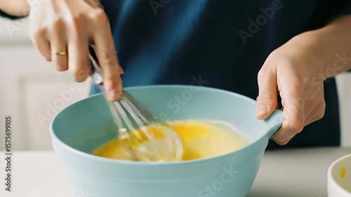 Close-up of hands whisking eggs or batter in a blue mixing bowl, preparing ingredients for cooking or baking