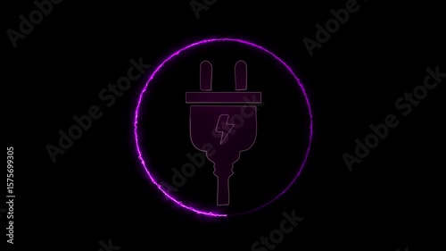 Glowing neon line 2 pin plague charging line icon animation on black background. neon charging cable pin.