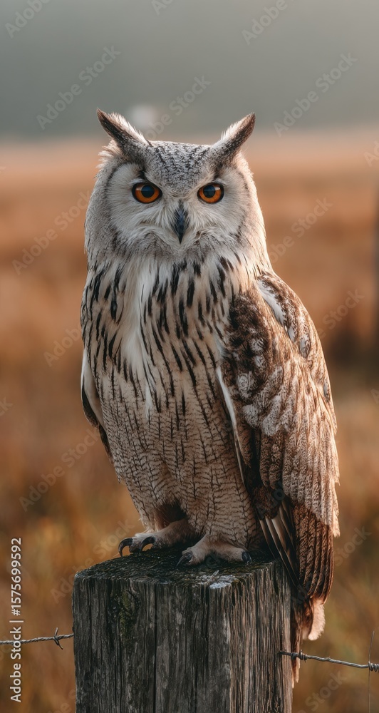 Obraz premium Majestic Eurasian Eagle-Owl Perched on Wooden Post at Dusk, Symbolizing Wisdom and Environmental Conservation for Nature Bloggers and Wildlife Enthusiasts : Generative AI