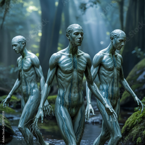 Mysterious Figures In Forest Stream Ethereal Fantasy Beings Nature Scene.