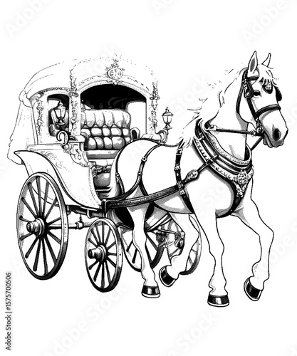 A horse pulls an ornate carriage on a white background