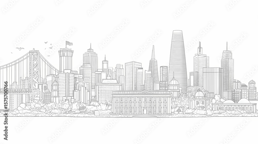 Obraz premium Detailed line drawing of a city skyline.