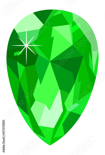 Featuring a large, pear shaped, light green gemstone, sparkling facets reflect light beautifully against a pristine white background, creating an eye catching and luxurious visual effect