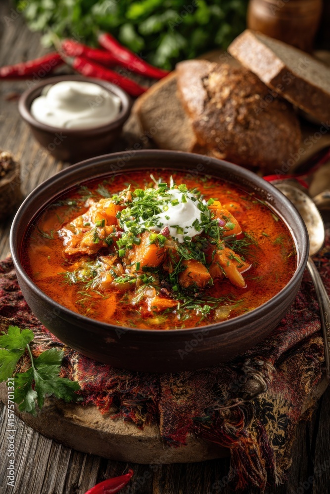 Bowl of Hot Borscht Soup Garnished With Dill and Sour Cream, Representing Comfort Food and Culinary Tradition for Restaurant Menus and Food Blogs : Generative AI Bowl of Hot Borscht Soup Garnished With Dill and Sour Cream, Representing Comfort Food and Culinary Tradition for Restaurant Menus and Food Blogs : Generative AI