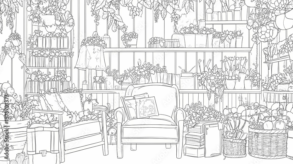Obraz premium Detailed interior illustration of a cozy, floral room.
