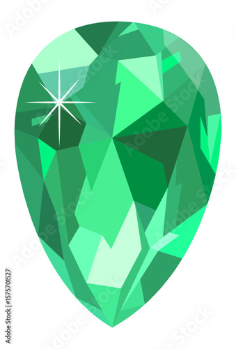 Captivating low poly pear shaped green gemstone reflecting light with a stunning star shape, creating a dazzling effect against a clean white background