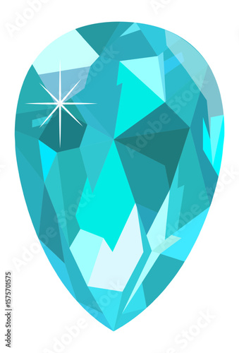 Large, sparkling light blue teardrop diamond reflecting light on a white background, perfect for jewelry design, luxury concepts or illustrations