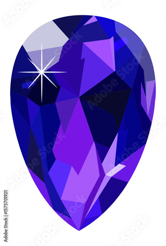 Large teardrop shaped purple gemstone shining brightly with starburst light reflection, isolated on white background, representing luxury, value, and elegance