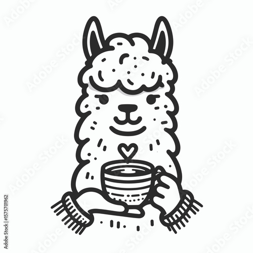 A Alpaca hold coffee mug. Cartoon Line Art Clipart Minimal Retro Vector Illustration. South american camelid gripping ceramic beverage container with liquid.
