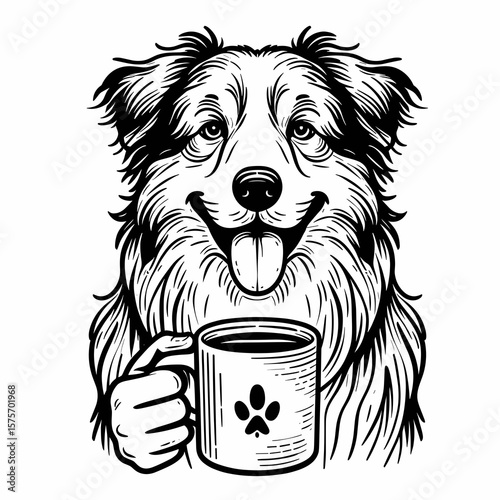 A Australian Shepherd Dog hold coffee mug. Cartoon Line Art Clipart Minimal Retro Vector Illustration. Canine grips warm beverage container herder breed enjoys morning joe.