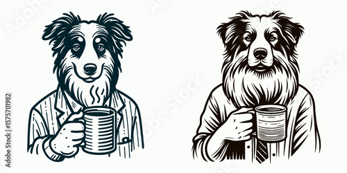 A Australian Shepherd Dog hold coffee mug. Cartoon Line Art Clipart Minimal Retro Vector Illustration. Canine pet embraces warm drink in cup breed.