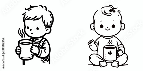 A baby hold coffee mug. Cartoon Line Art Clipart Minimal Retro Vector Illustration. Little one grasp beverage container child grip hot drink cup toddler with liquid vessel.