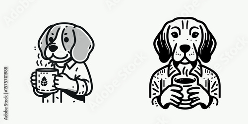 A Beagle Dog hold coffee mug. Cartoon Line Art Clipart Minimal Retro Vector Illustration. Canine pet with caffeine drink cup morning beverage at home.