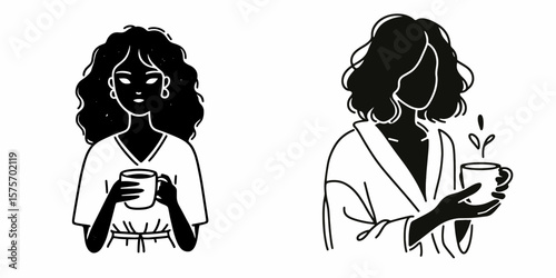 A black girl hold coffee mug. Cartoon Line Art Clipart Minimal Retro Vector Illustration. African american woman with beverage cup morning drink container pose.