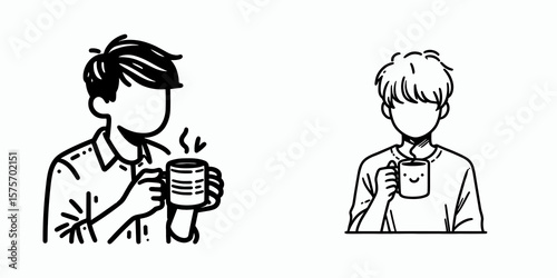 A boy hold coffee mug. Cartoon Line Art Clipart Minimal Retro Vector Illustration. Young male grips beverage cup hot drink container for morning refreshment.