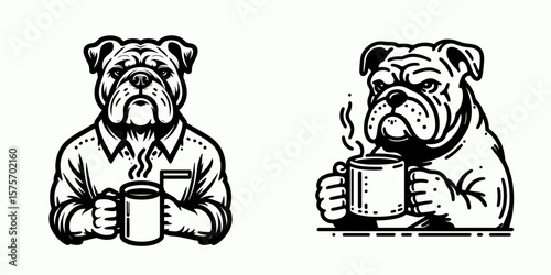 A Bulldog Dog hold coffee mug. Cartoon Line Art Clipart Minimal Retro Vector Illustration. Canine pet grips beverage container comical english drinking java.