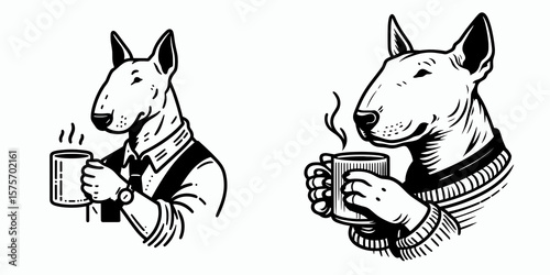 A Bull Terrier Dog hold coffee mug. Cartoon Line Art Clipart Minimal Retro Vector Illustration. Canine pet gripping drink cup breed enjoying morning beverage.