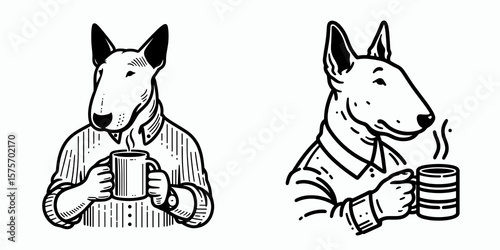 A Bull Terrier Dog hold coffee mug. Cartoon Line Art Clipart Minimal Retro Vector Illustration. Canine pet enjoys warm drink from cup breed with beverage.