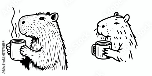 A capybara hold coffee mug. Cartoon Line Art Clipart Minimal Retro Vector Illustration. Rodent grips beverage cup with comfort cozy critter drinking.